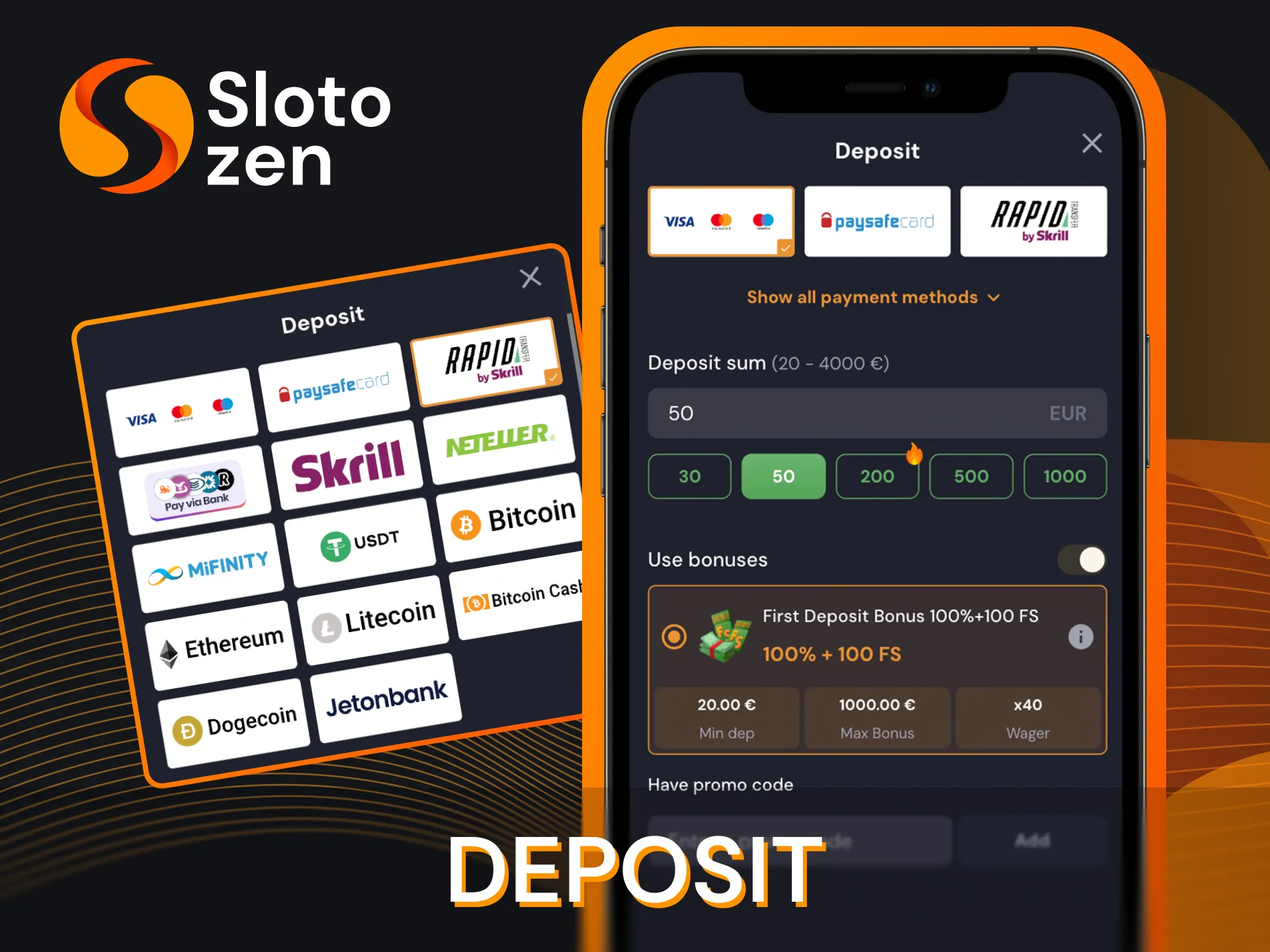 Make a deposit in a couple of clicks in the Slotozen online casino app.