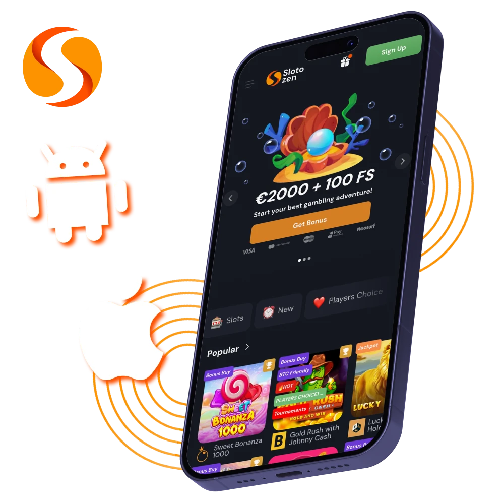 Slotozen casino PWA promo for Android & iOS, install fast; full casino & sportsbook; up to €1000 + 100 free spins.