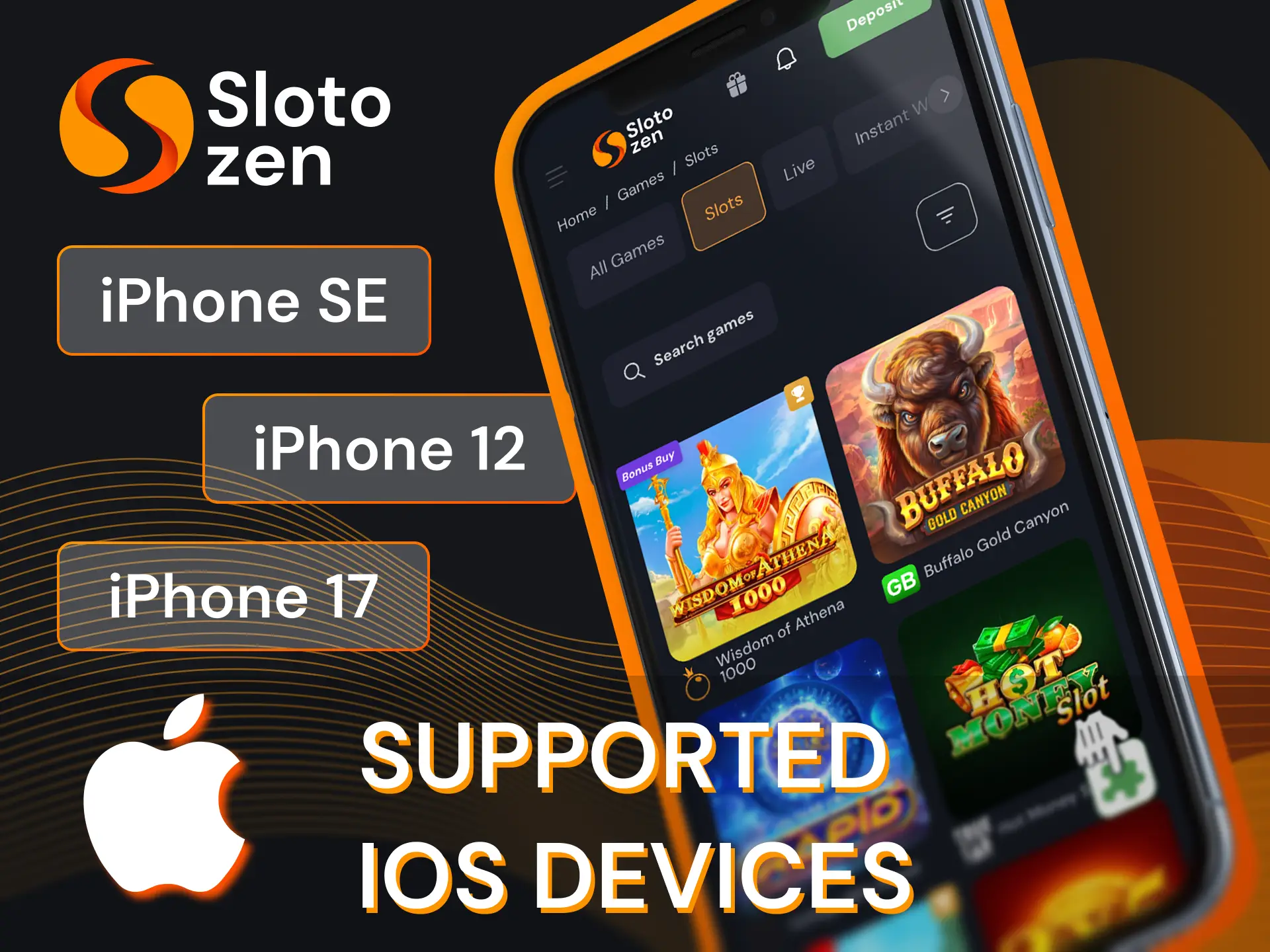 Which iOS devices support the Slotozen online casino app.