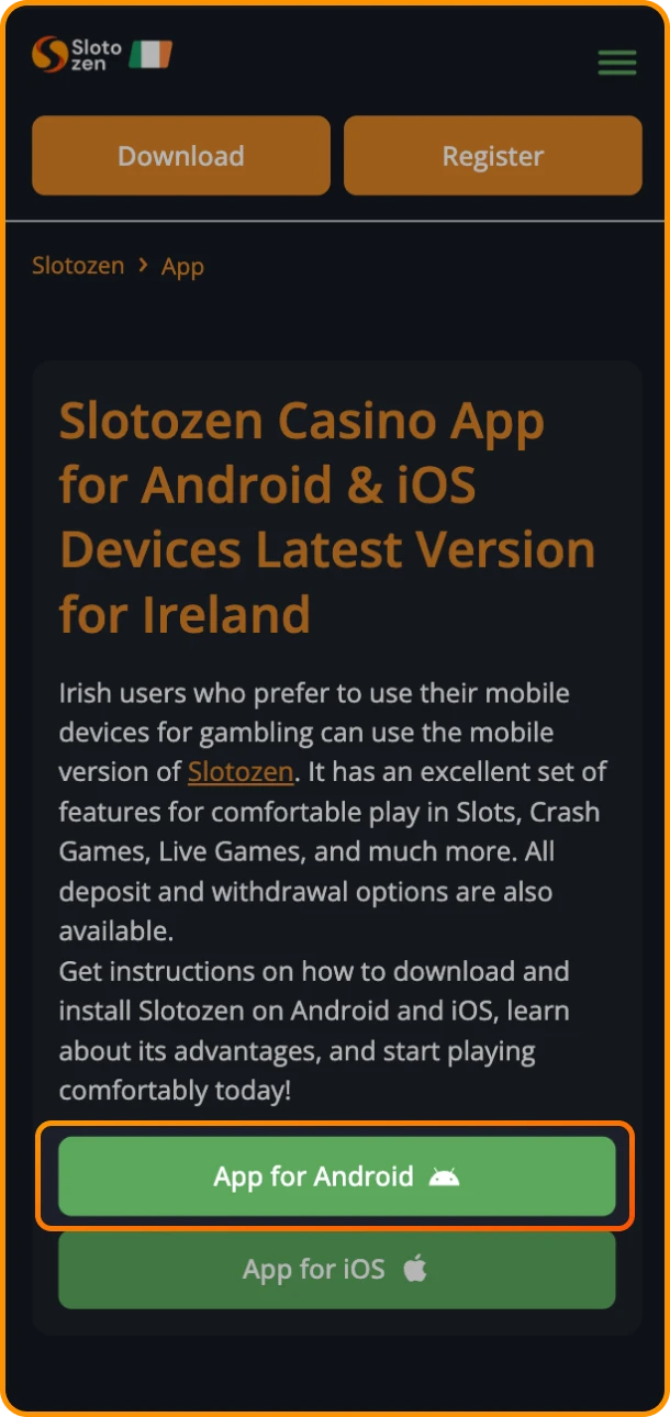 Add the Slotozen online casino app to your Android phone's home screen.