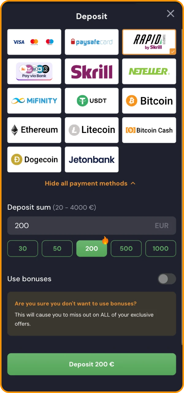 Use your favorite deposit method at Slotozen online casino.