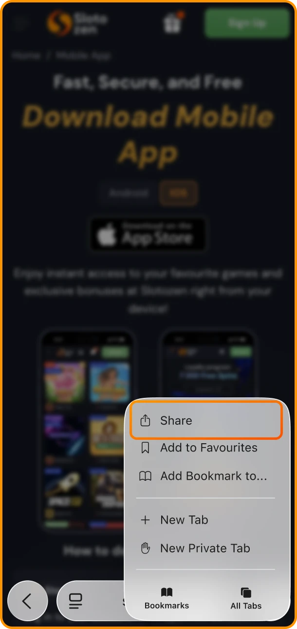 Click the share button in your browser menu to add the Slotozen online casino app to your iOS phone.